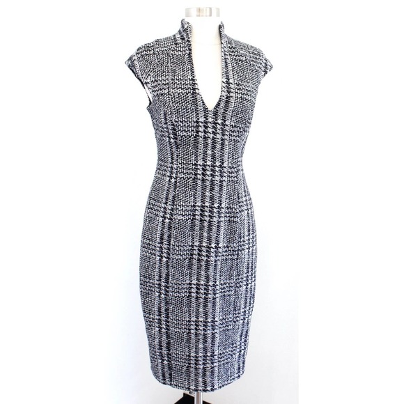 Alexia Admor Black White Glen Houndstooth Plaid Pencil Sheath Dress Sz 6 V Neck - Picture 2 of 6